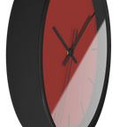 Brownish red silent wall clock, black base, black hands, black markers, 10 inch, side view.