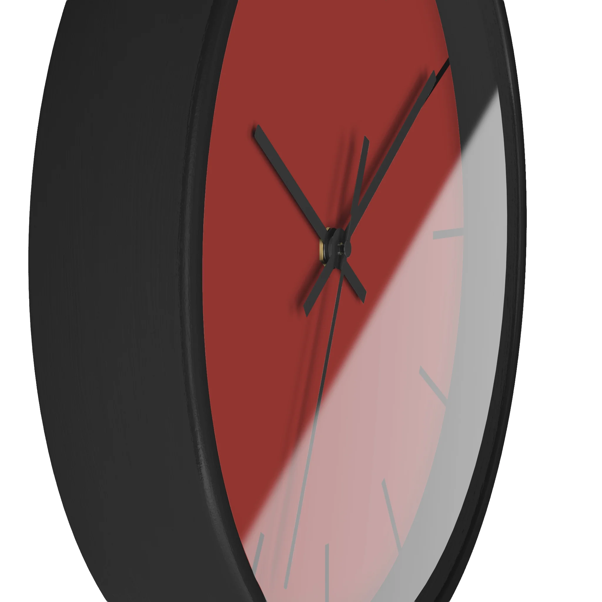 Brownish red silent wall clock, black base, black hands, black markers, 10 inch, side view.