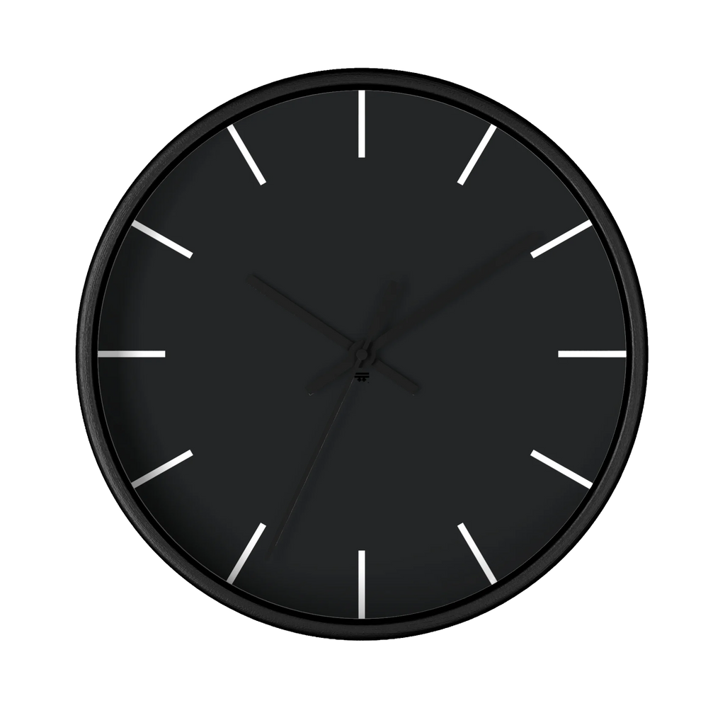 Carbon fiber black silent wall clock, black base, black hands, off white markers, 10 inch, front view.
