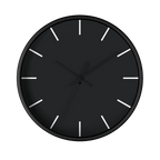 Carbon fiber black silent wall clock, black base, black hands, off white markers, 10 inch, front view.