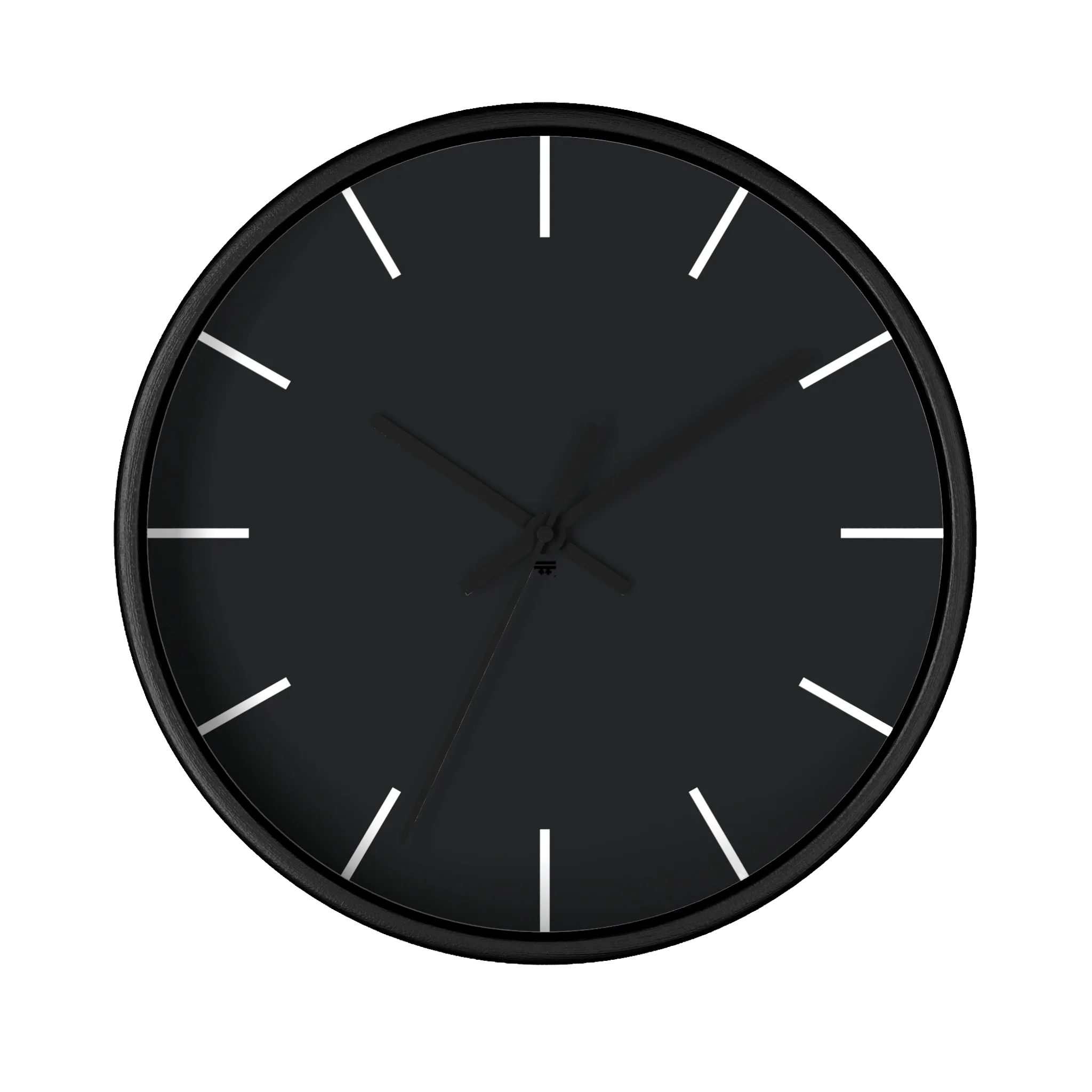 Carbon fiber black silent wall clock, black base, black hands, off white markers, 10 inch, front view.