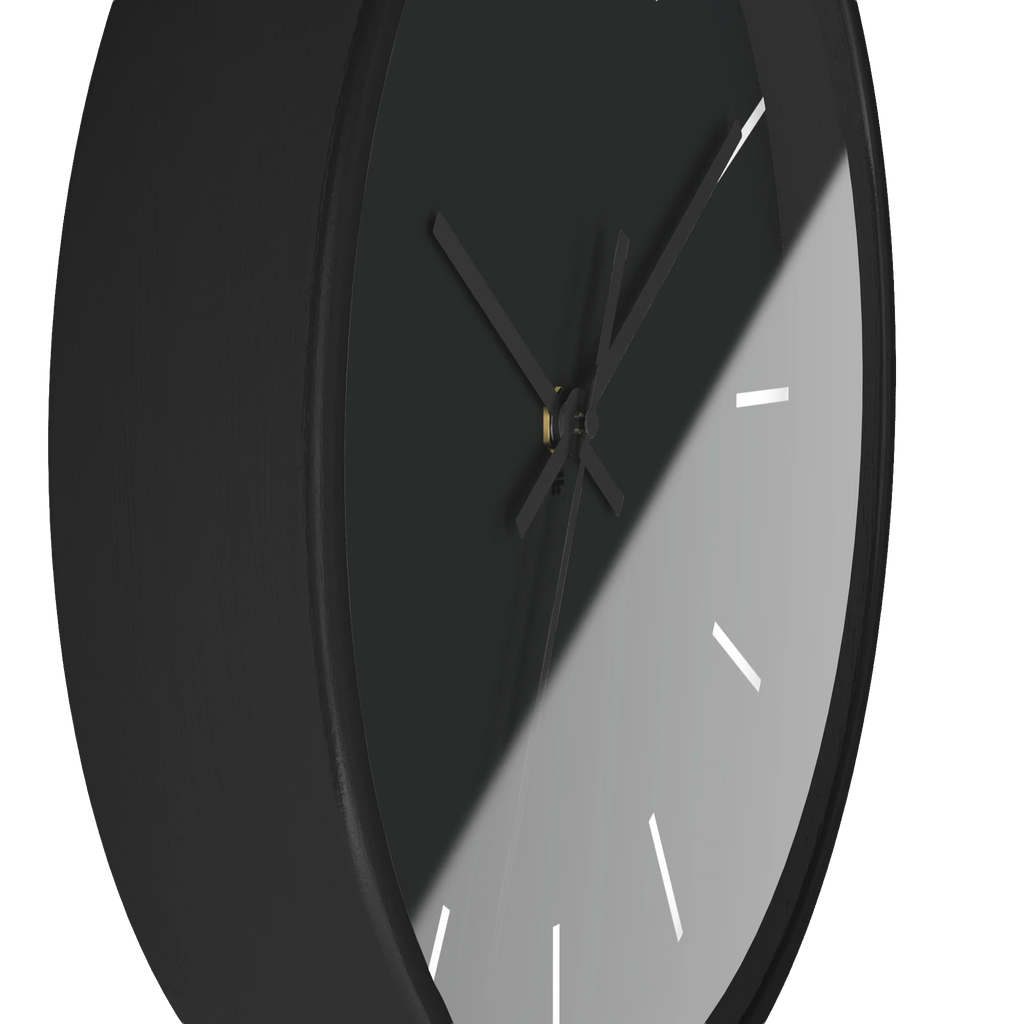 Carbon fiber black silent wall clock, black base, black hands, off white markers, 10 inch, side view.