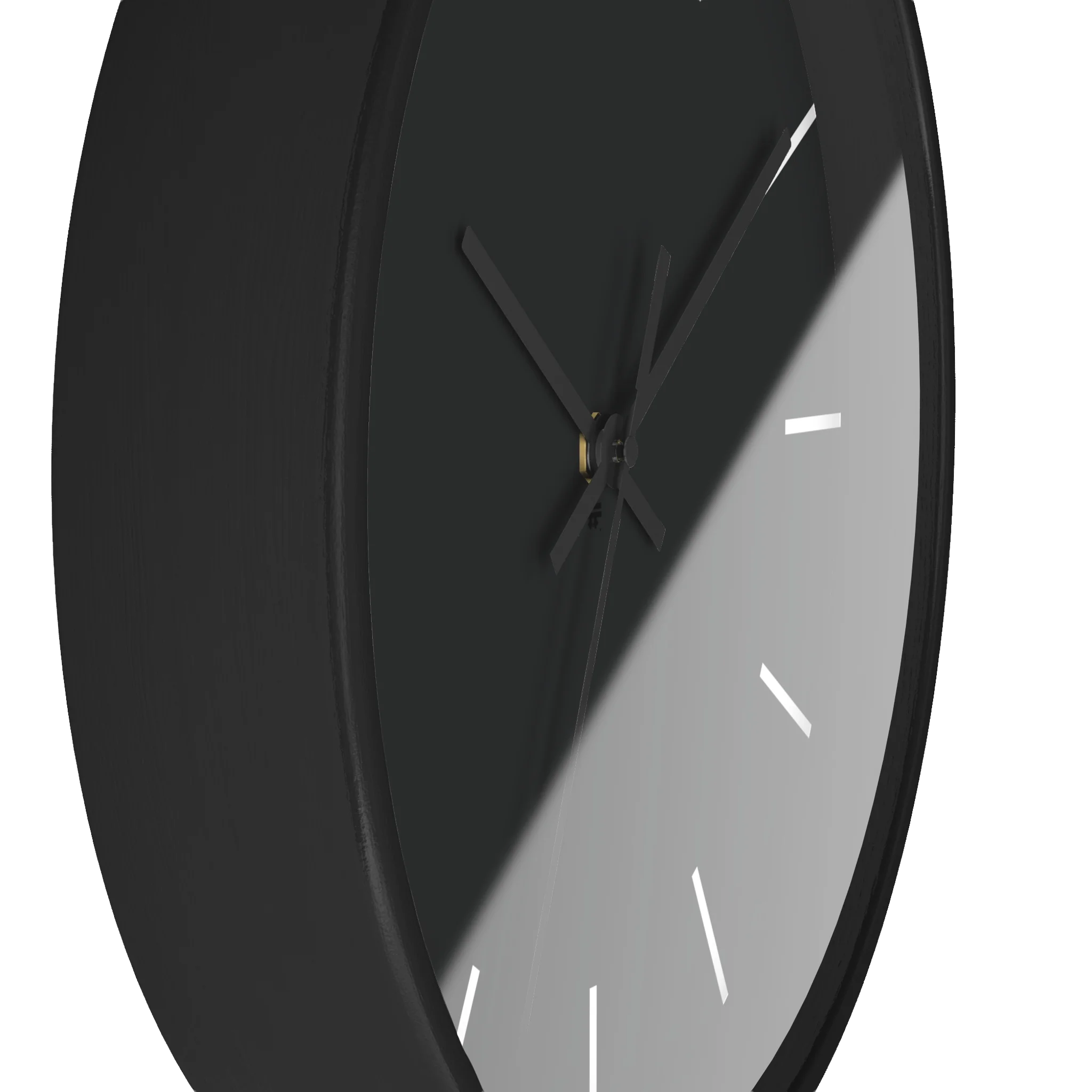 Carbon fiber black silent wall clock, black base, black hands, off white markers, 10 inch, side view.