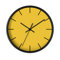 Champ yellow silent wall clock, black base, black hands, black markers, 10 inch, front view.