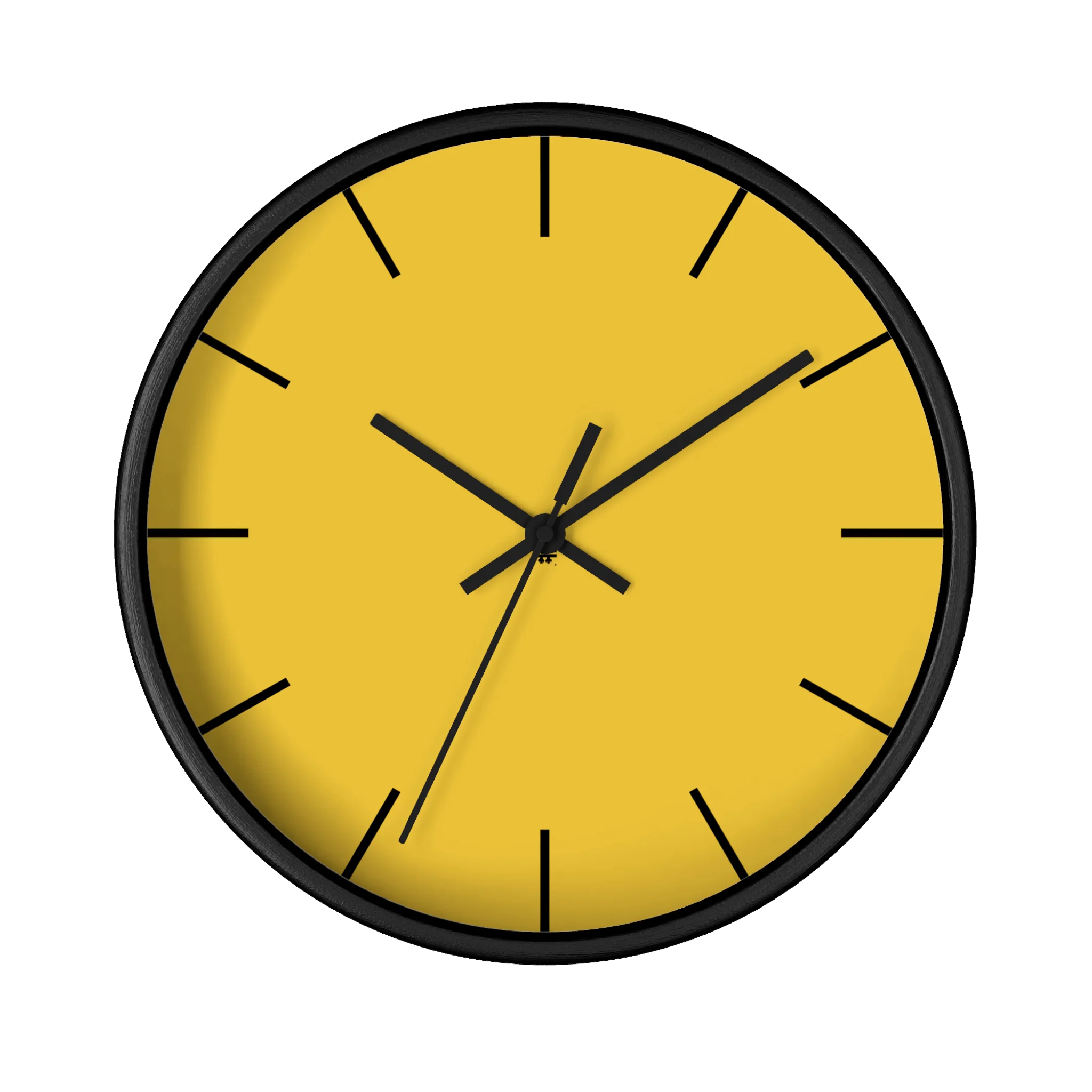 Champ yellow silent wall clock, black base, black hands, black markers, 10 inch, front view.