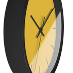 Champ yellow silent wall clock, black base, black hands, black markers, 10 inch, side view.