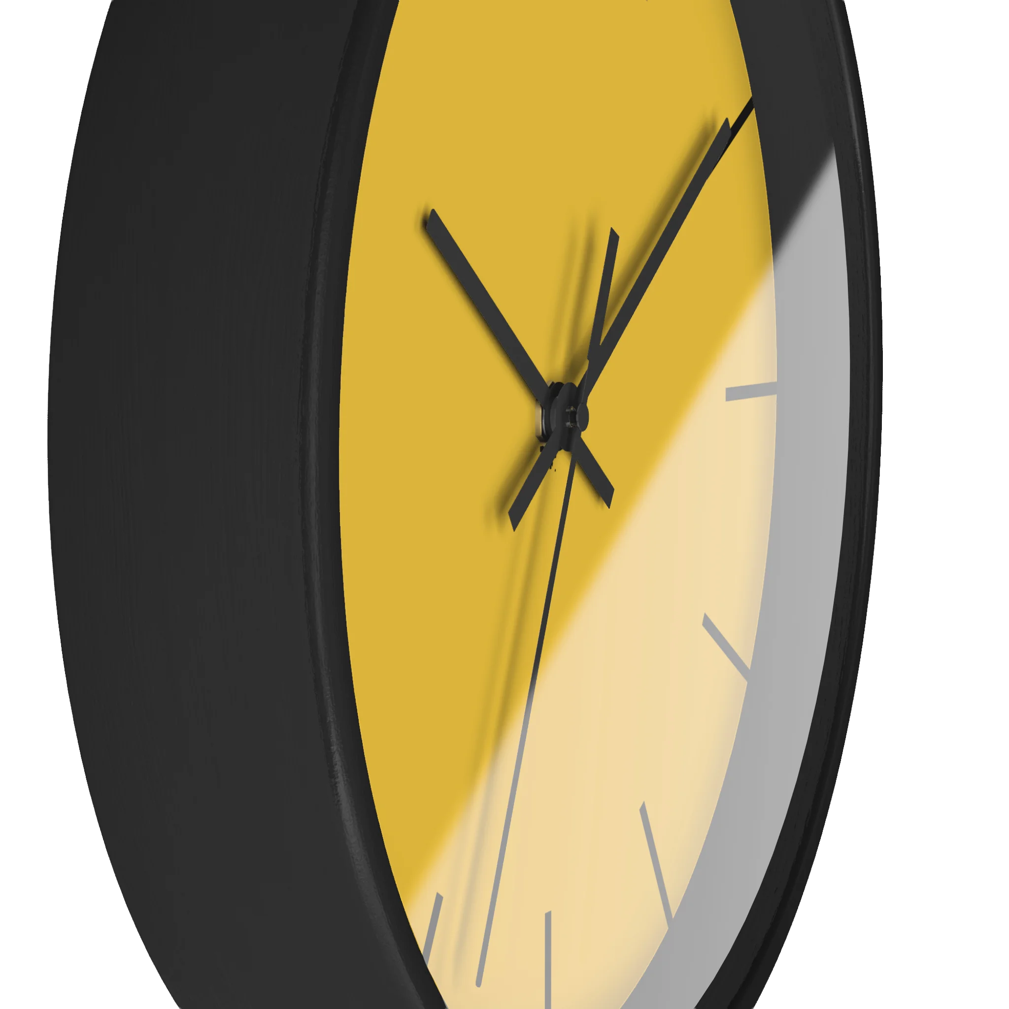 Champ yellow silent wall clock, black base, black hands, black markers, 10 inch, side view.