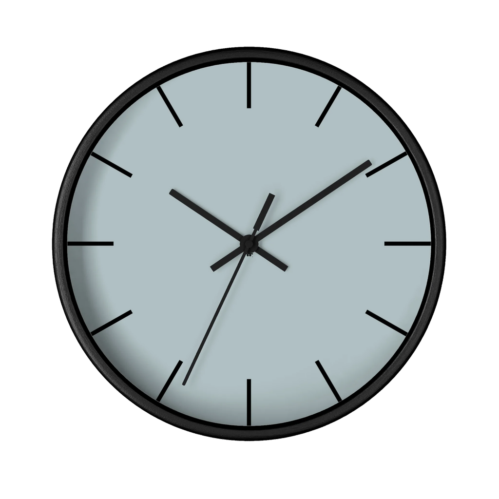 Cool silver silent wall clock, black base, black hands, black markers, 10 inch, front view.