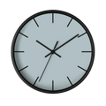 Cool silver silent wall clock, black base, black hands, black markers, 10 inch, front view.