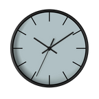 Cool silver silent wall clock, black base, black hands, black markers, 10 inch, front view.