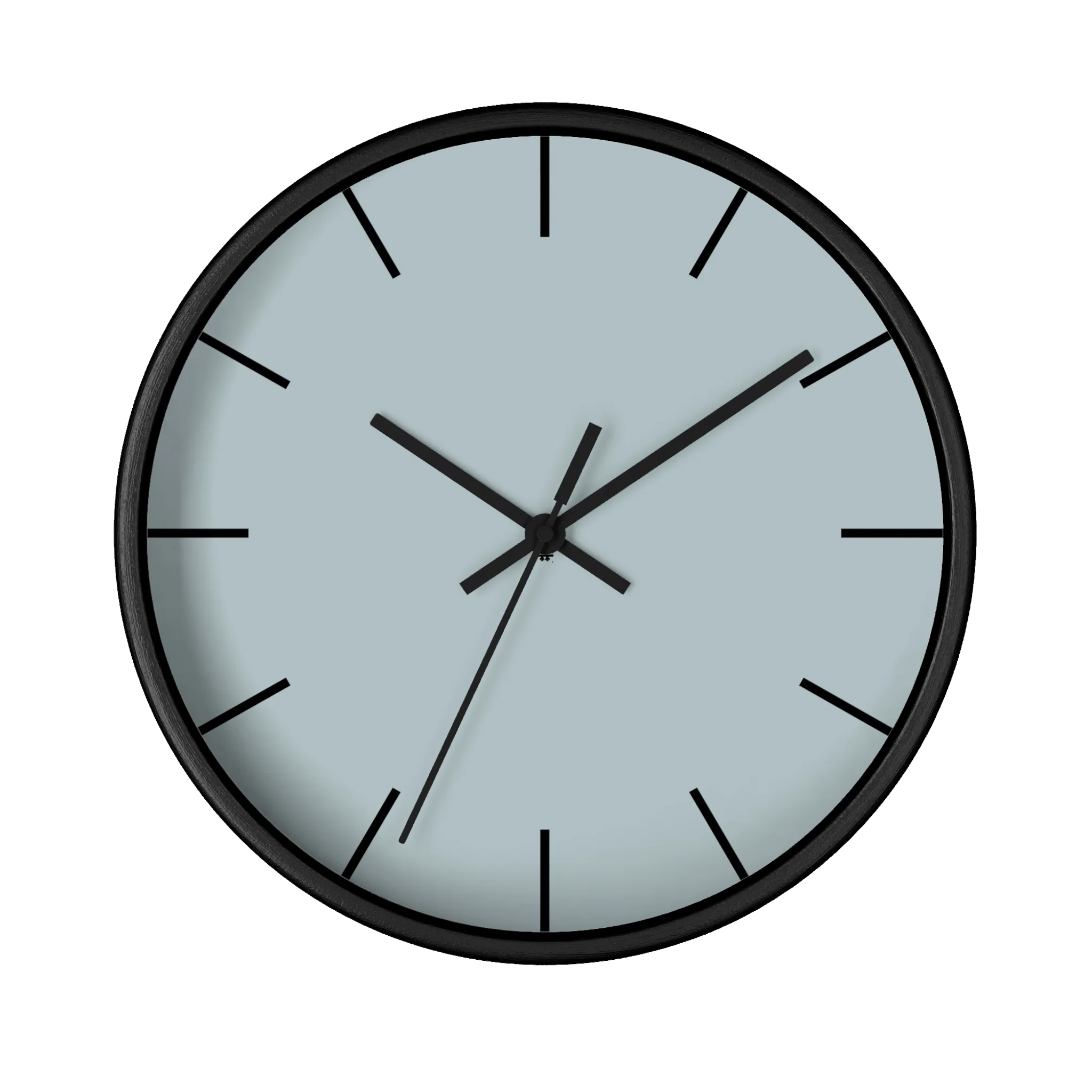 Cool silver silent wall clock, black base, black hands, black markers, 10 inch, front view.