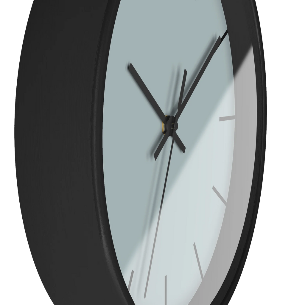 Cool silver silent wall clock, black base, black hands, black markers, 10 inch, side view.