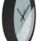 Cool silver silent wall clock, black base, black hands, black markers, 10 inch, side view.