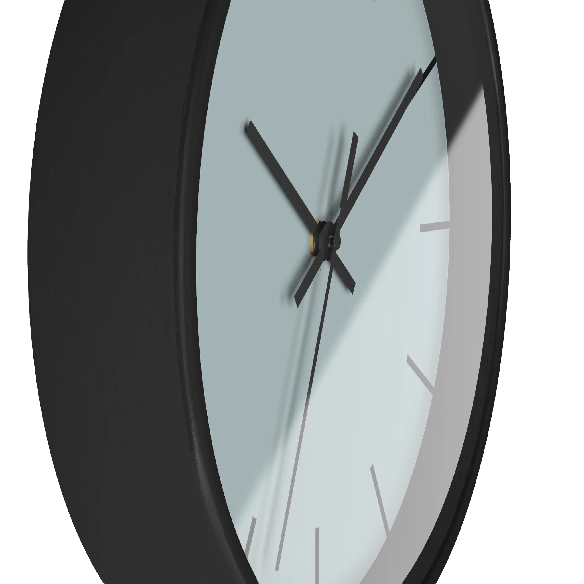 Cool silver silent wall clock, black base, black hands, black markers, 10 inch, side view.