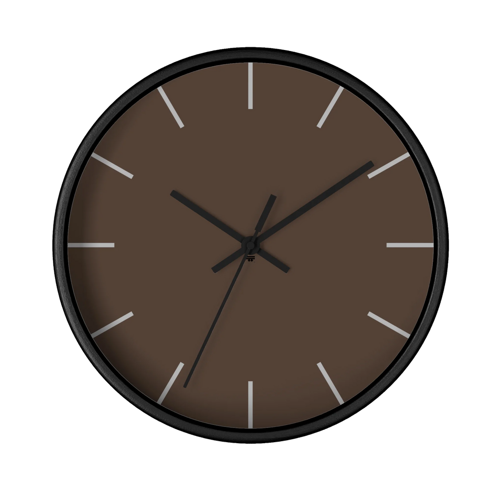 Country brown silent wall clock, black base, black hands, off white markers, 10 inch, front view.