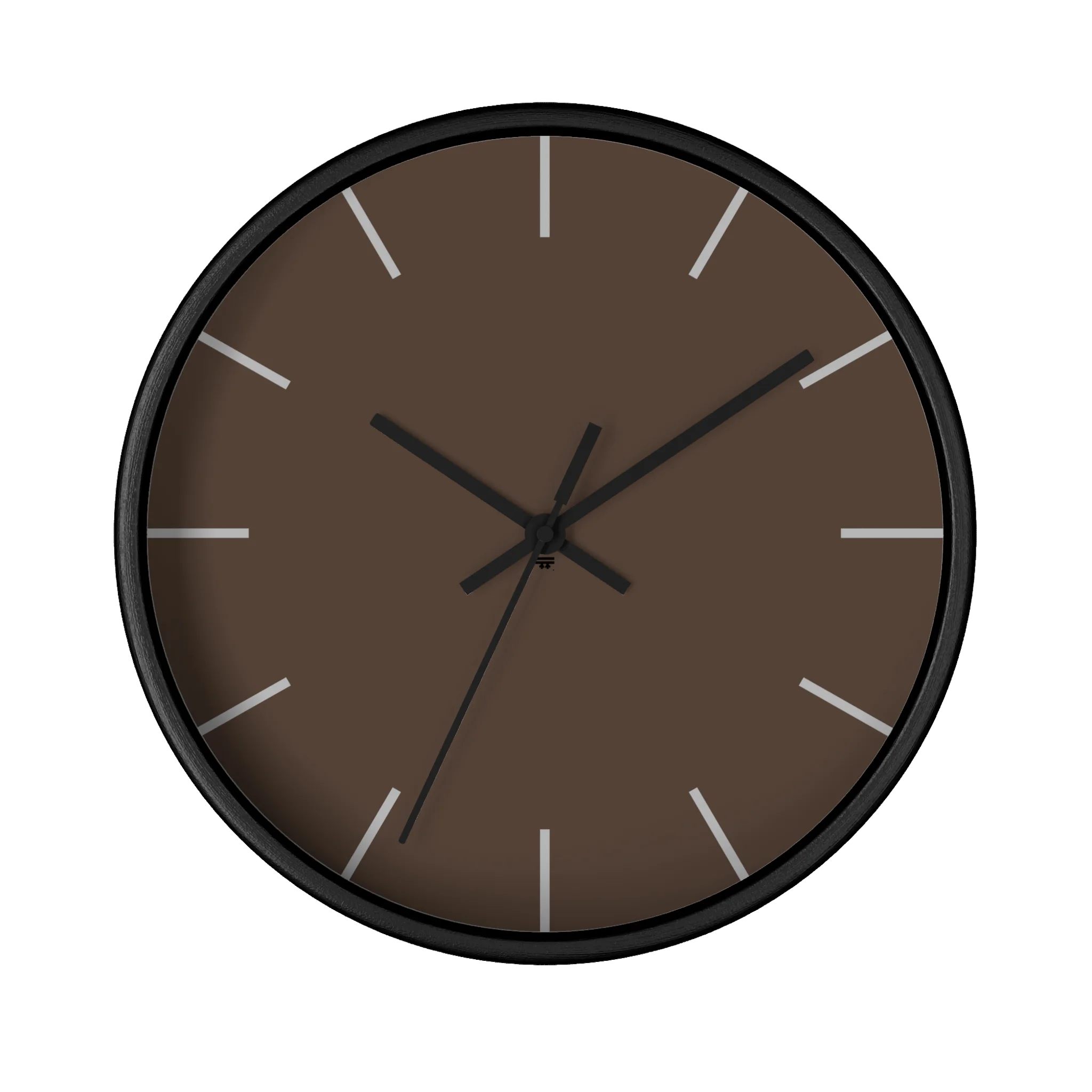 Country brown silent wall clock, black base, black hands, off white markers, 10 inch, front view.