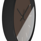 Country brown silent wall clock, black base, black hands, off white markers, 10 inch, side view.
