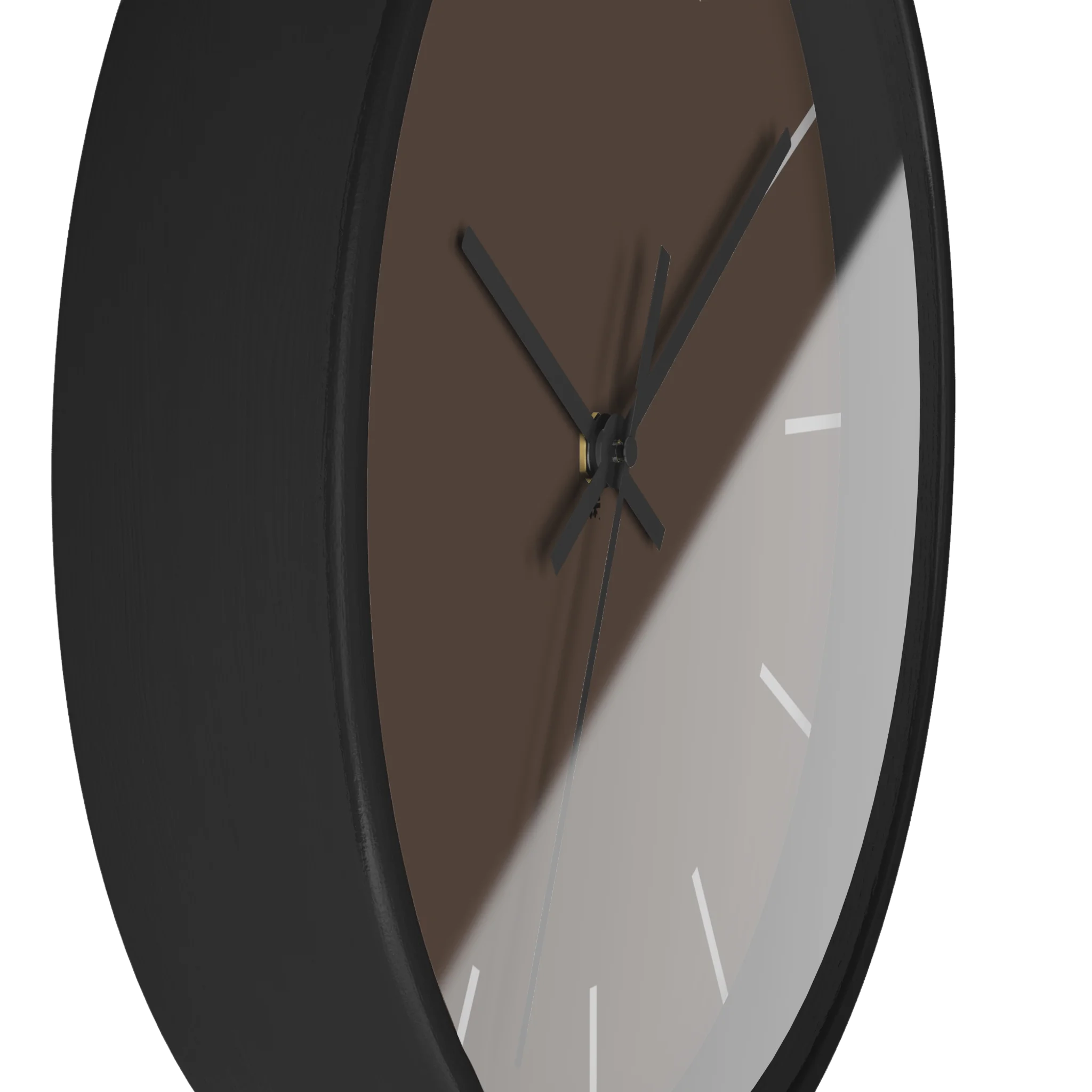 Country brown silent wall clock, black base, black hands, off white markers, 10 inch, side view.