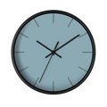 Danish blue minimalist wall clock with black wooden base, black hands, and dark grey markers, front view.