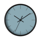 Danish blue minimalist wall clock with black wooden base, black hands, and dark grey markers, front view.