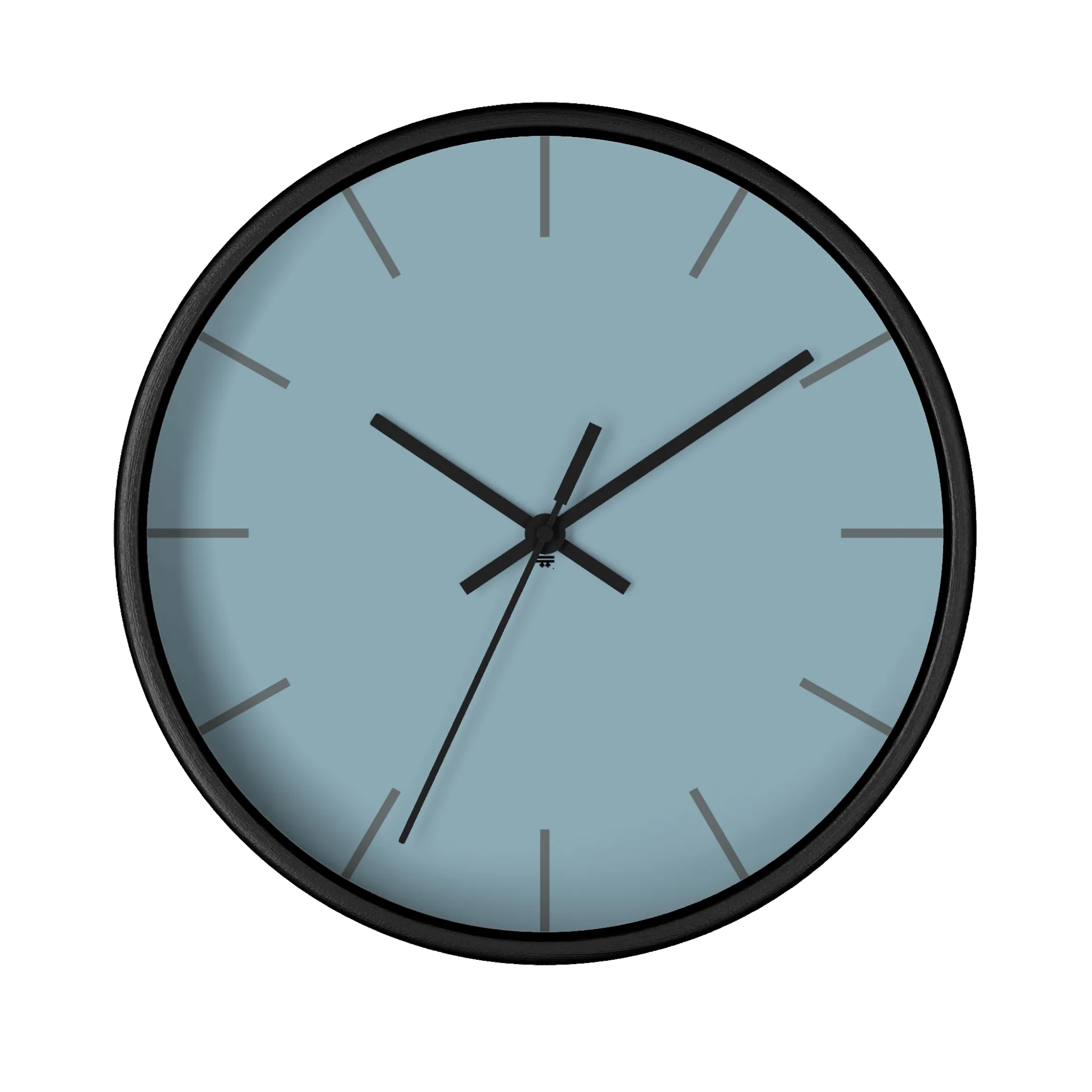 Danish blue minimalist wall clock with black wooden base, black hands, and dark grey time markers, front view.