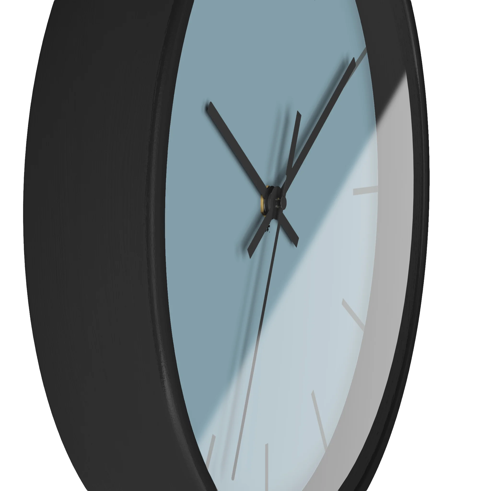 Danish blue minimalist wall clock with black wooden base, black hands, and dark grey markers, side view.