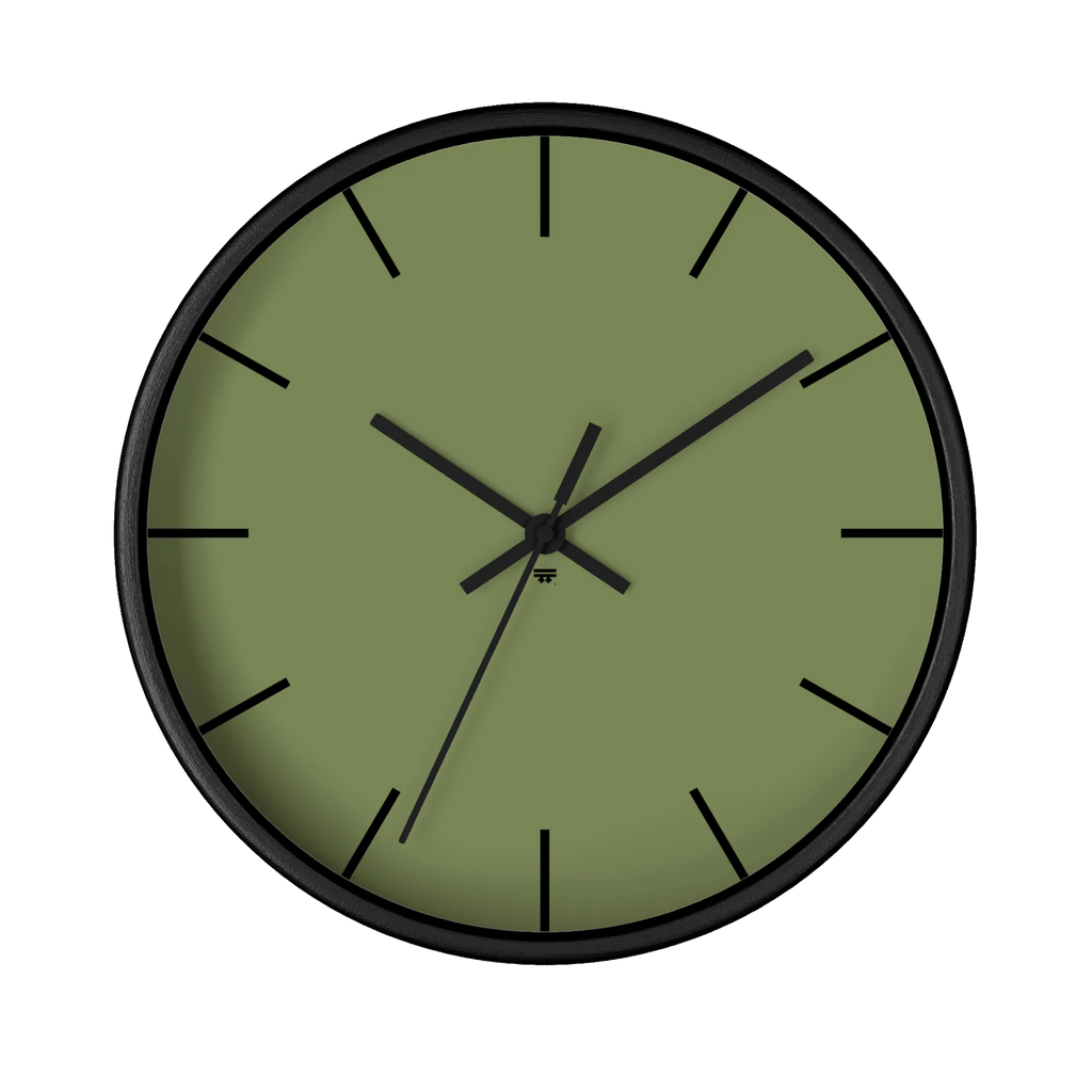 Dark sage olive green silent wall clock, black base, black hands, black markers, 10 inch, front view.