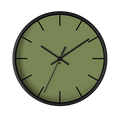 Dark sage olive green silent wall clock, black base, black hands, black markers, 10 inch, front view.