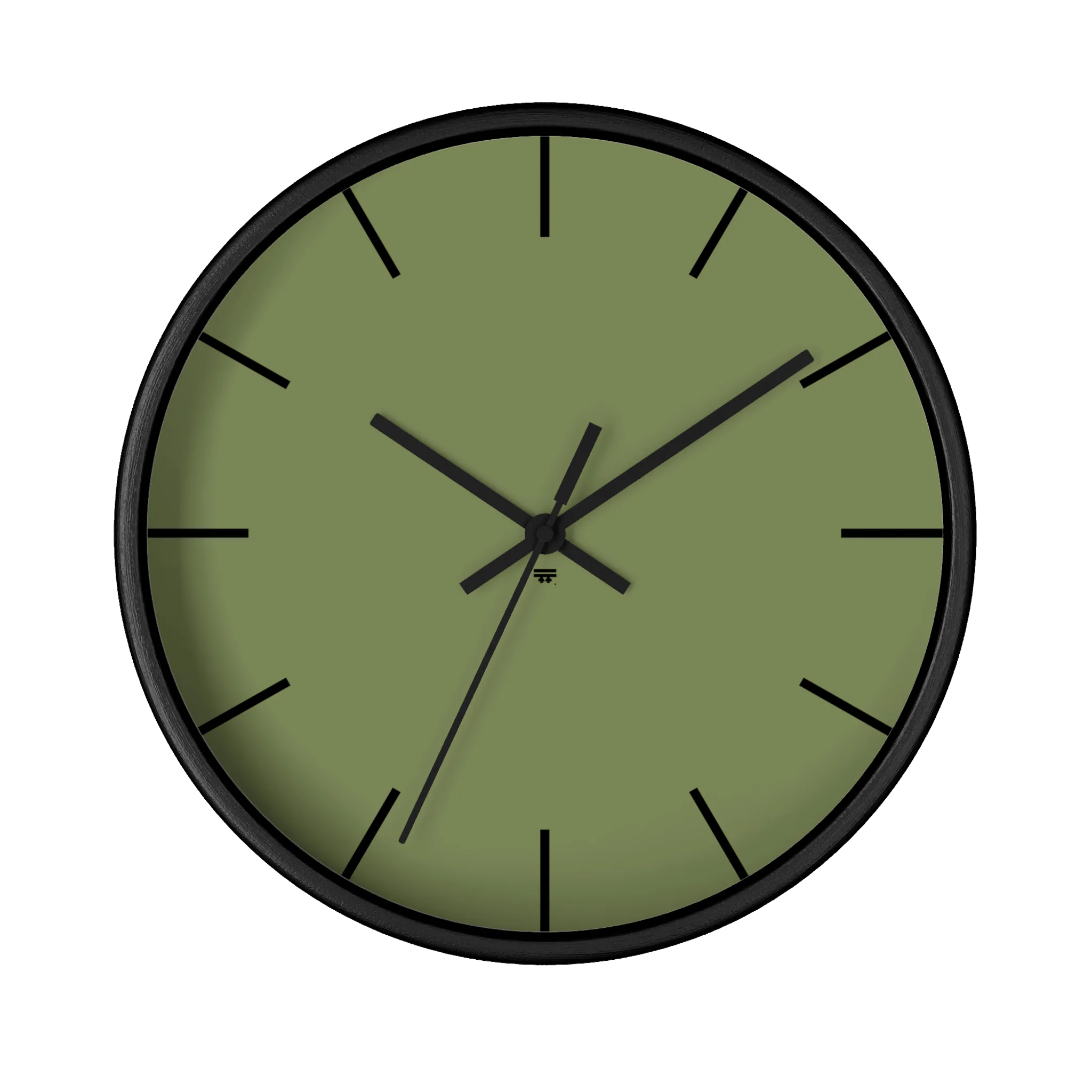 Dark sage olive green silent wall clock, black base, black hands, black markers, 10 inch, front view.