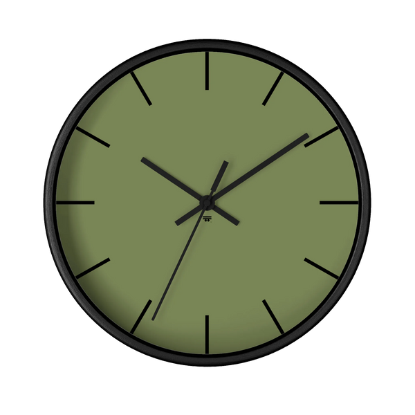 Dark sage olive green silent wall clock, black base, black hands, black markers, 10 inch, front view.