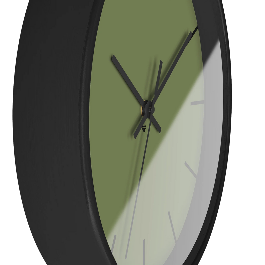 Dark sage olive green silent wall clock, black base, black hands, black markers, 10 inch, side view.