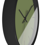 Dark sage olive green silent wall clock, black base, black hands, black markers, 10 inch, side view.