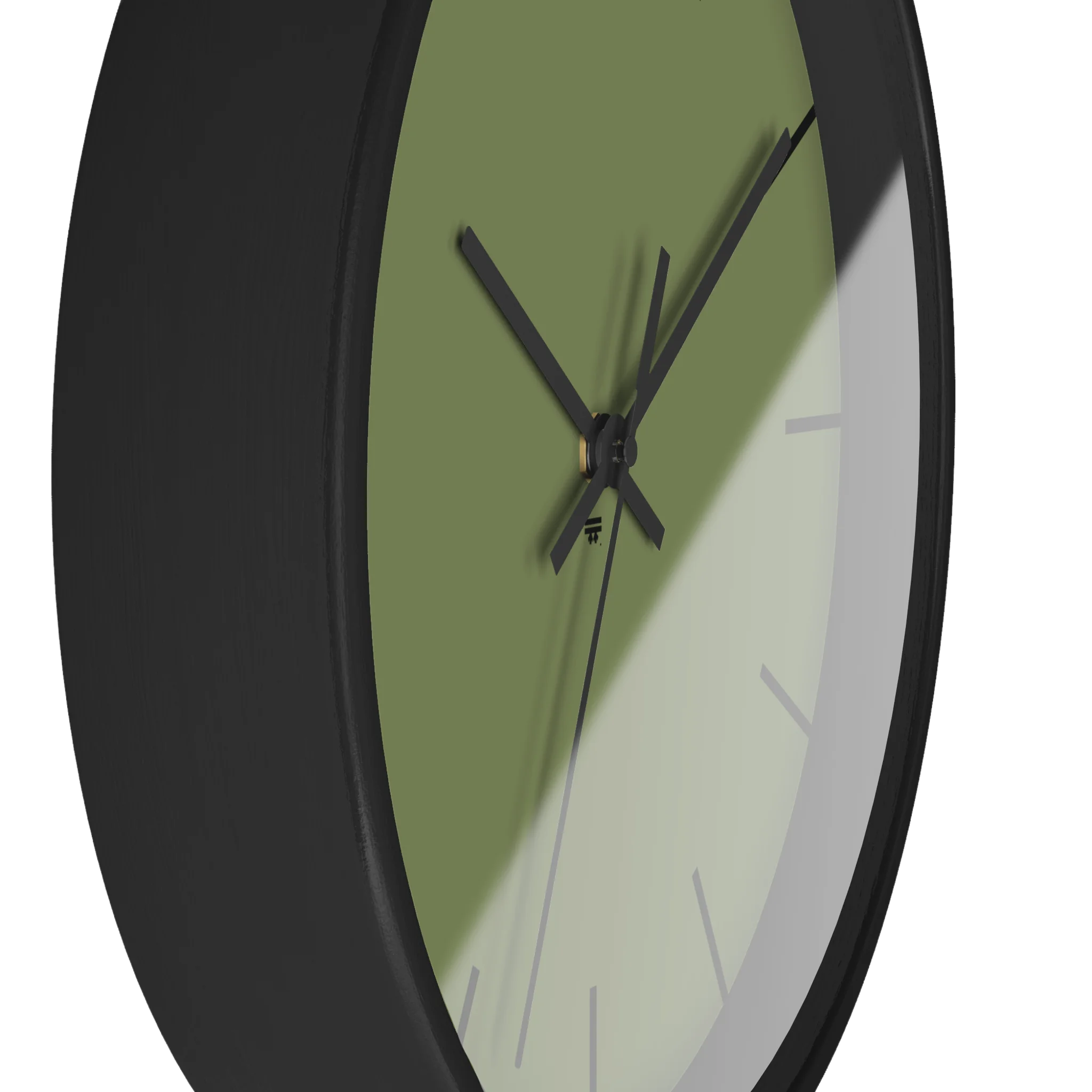 Dark sage olive green silent wall clock, black base, black hands, black markers, 10 inch, side view.