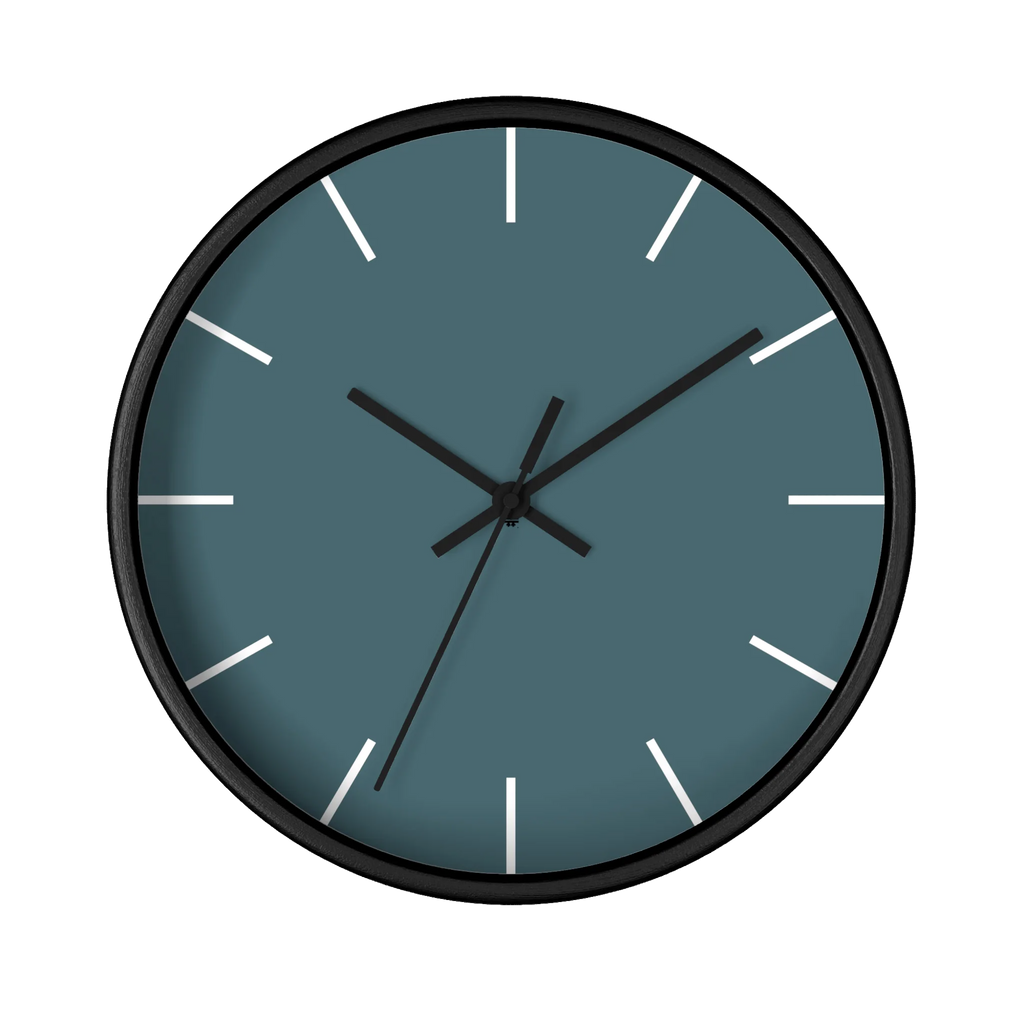 Deep space sparkle teal silent wall clock, black base, black hands, white markers, 10 inch, front view.