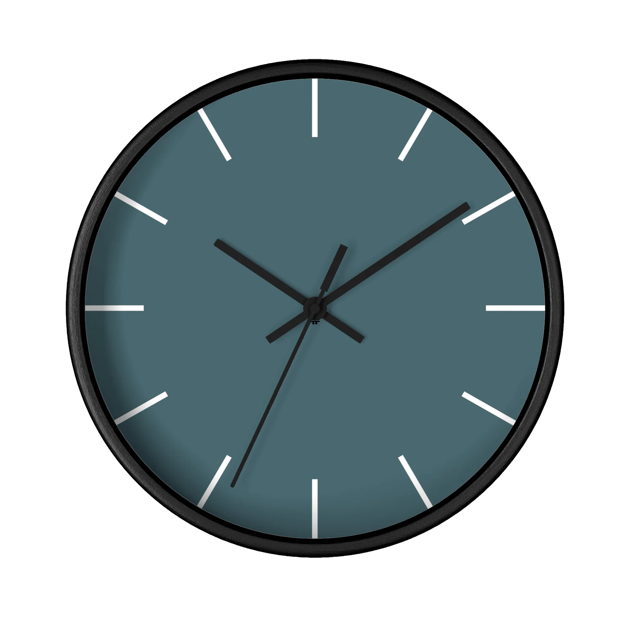 Deep space sparkle teal silent wall clock, black base, black hands, white markers, 10 inch, front view.