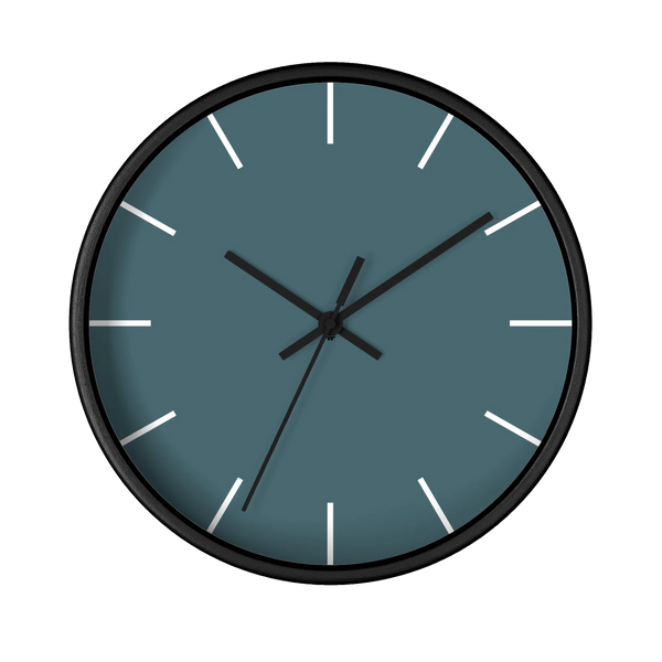 Deep space sparkle teal silent wall clock, black base, black hands, white markers, 10 inch, front view.