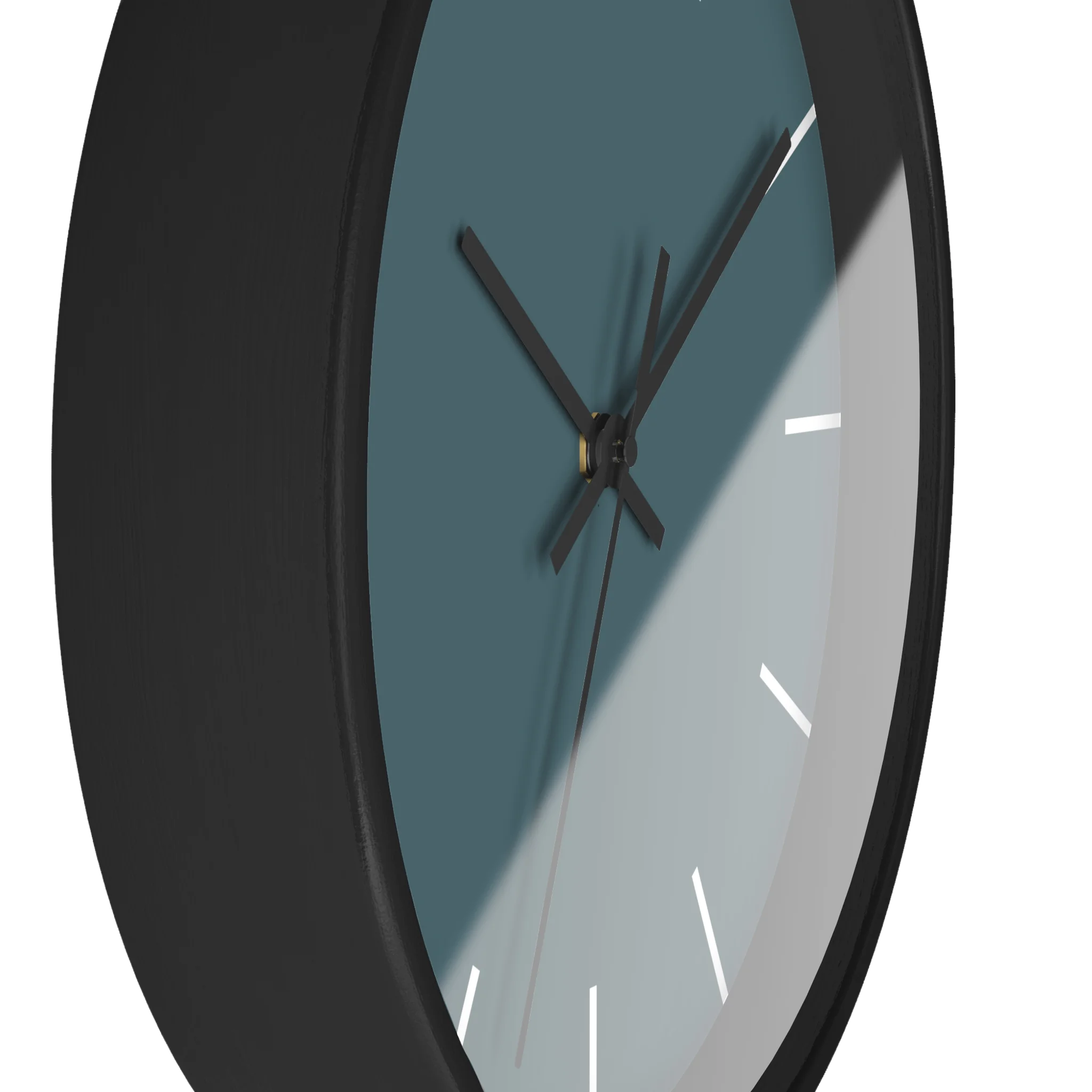 Deep space sparkle teal silent wall clock, black base, black hands, white markers, 10 inch, side view.