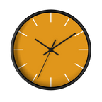 Dixie orange silent wall clock, black base, black hands, white markers, 10 inch, front view.