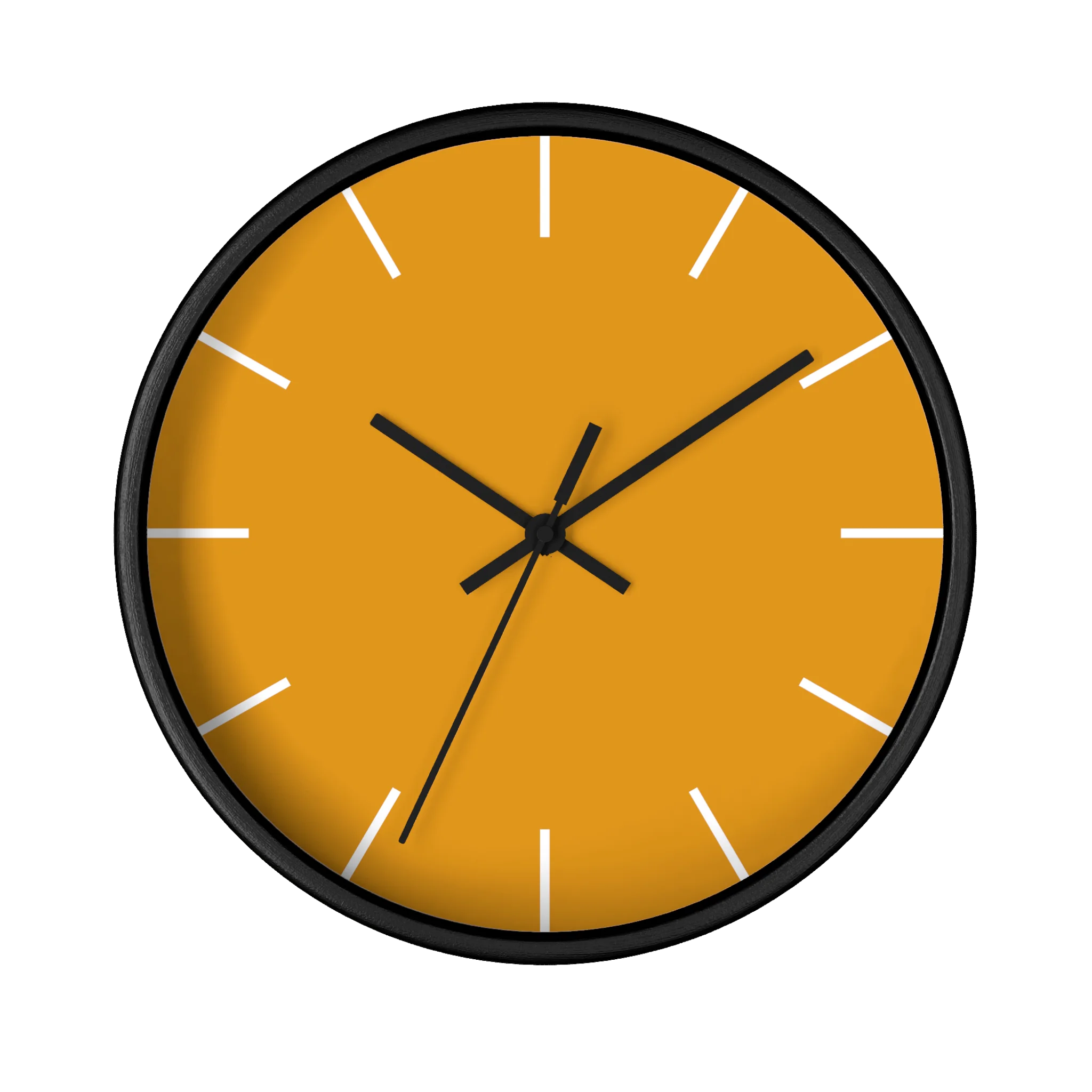 Dixie orange silent wall clock, black base, black hands, white markers, 10 inch, front view.