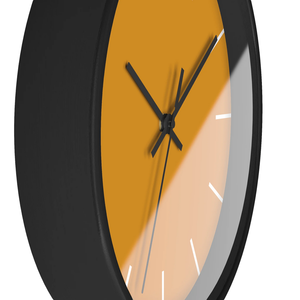 Dixie orange silent wall clock, black base, black hands, white markers, 10 inch, side view.