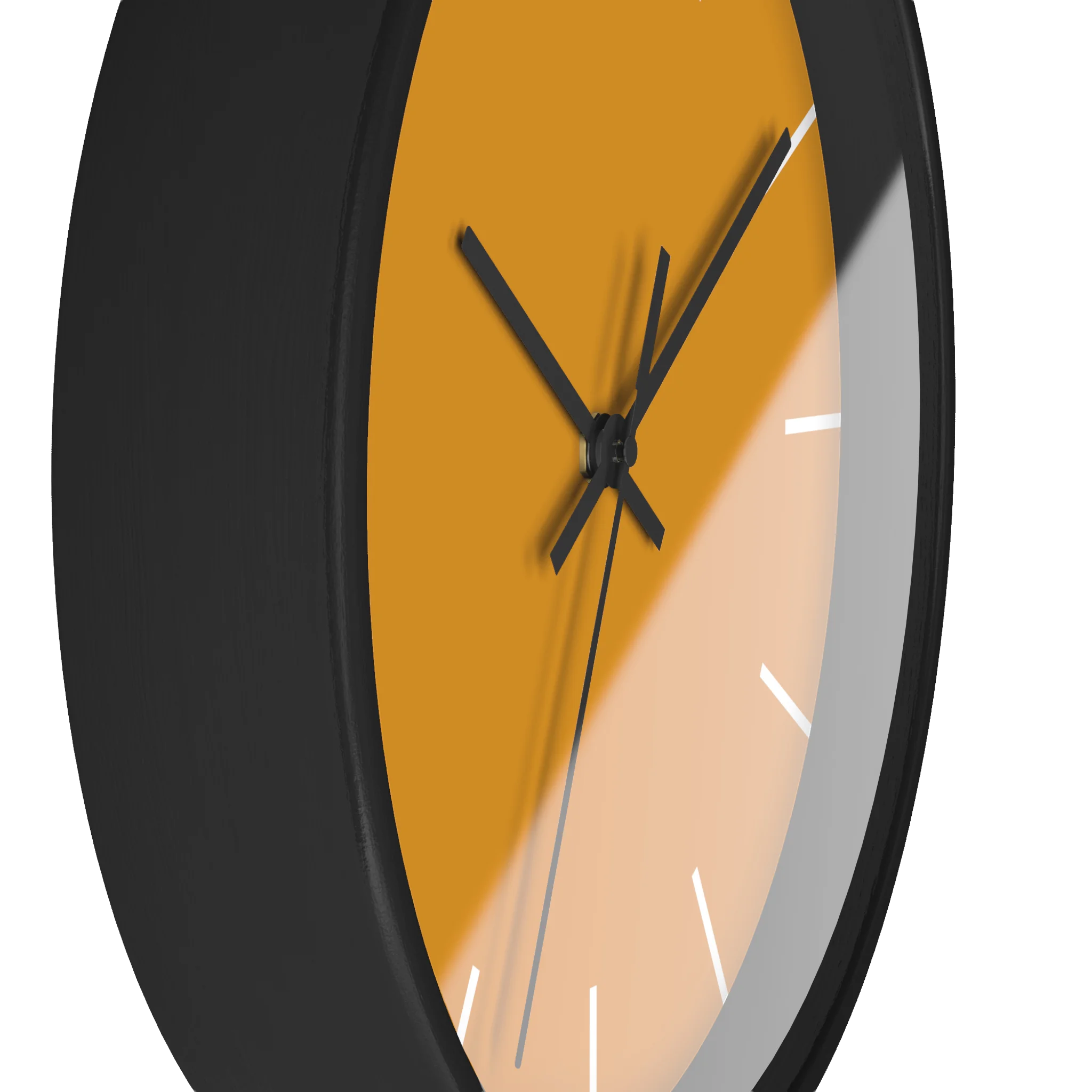 Dixie orange silent wall clock, black base, black hands, white markers, 10 inch, side view.