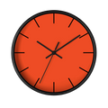 Dragon fire red silent wall clock, black base, black hands, black markers, 10 inch, front view.