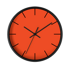 Dragon fire red silent wall clock, black base, black hands, black markers, 10 inch, front view.