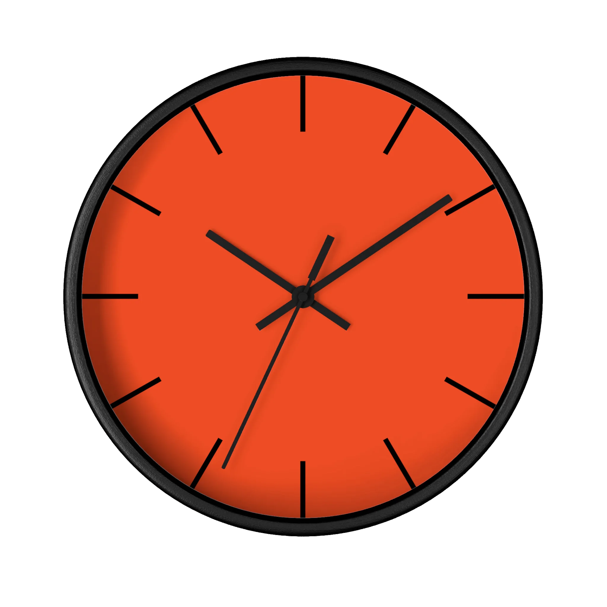 Dragon fire red silent wall clock, black base, black hands, black markers, 10 inch, front view.