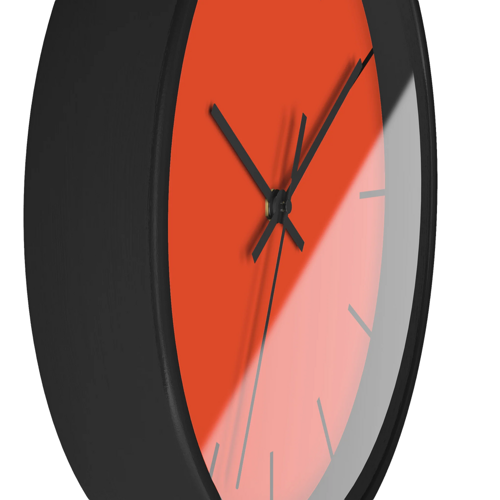 Dragon fire red silent wall clock, black base, black hands, black markers, 10 inch, side view.