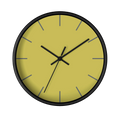 Dull gold yellow silent wall clock, black base, black hands, grey markers, 10 inch, front view.