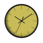 Dull gold yellow silent wall clock, black base, black hands, grey markers, 10 inch, front view.
