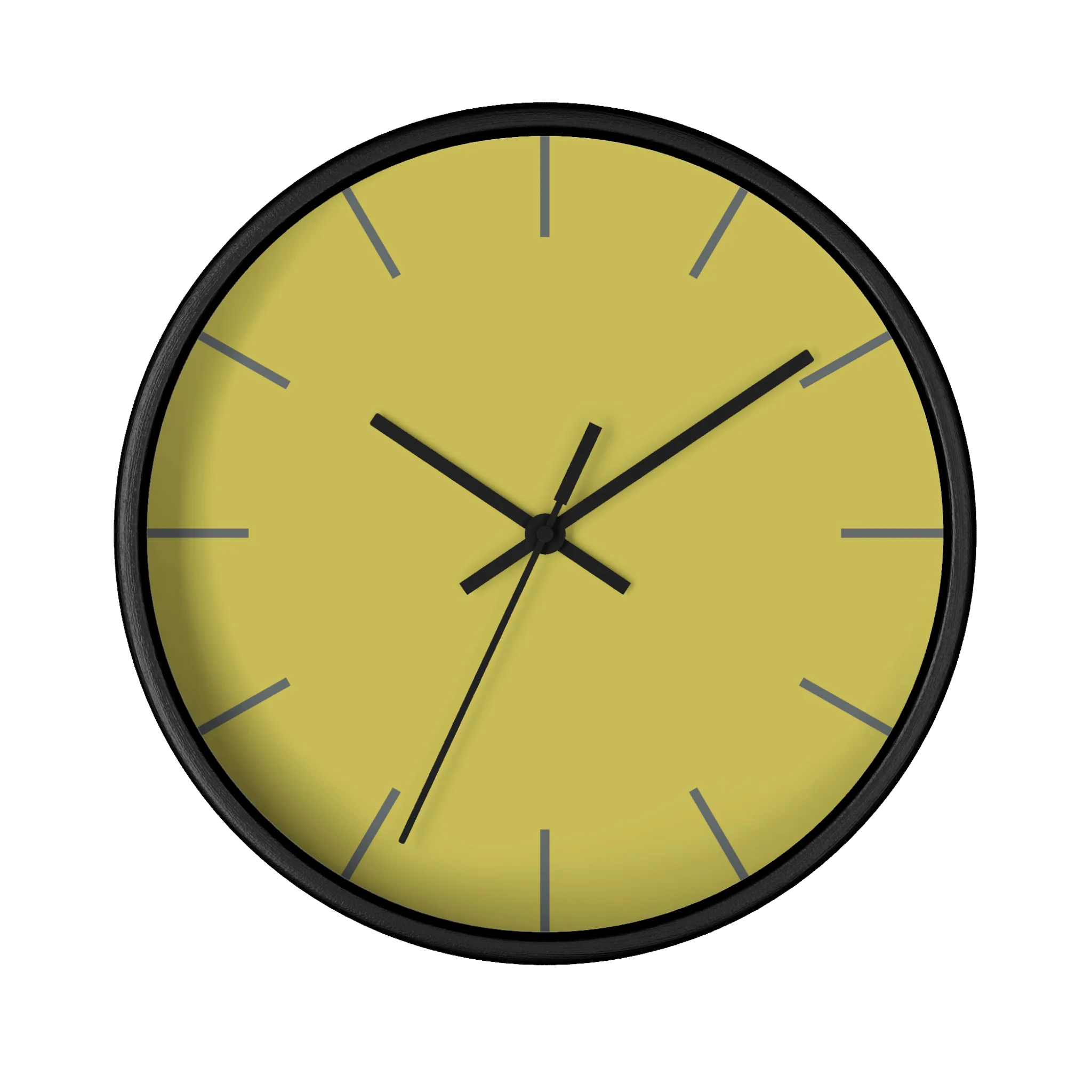 Dull gold yellow silent wall clock, black base, black hands, grey markers, 10 inch, front view.