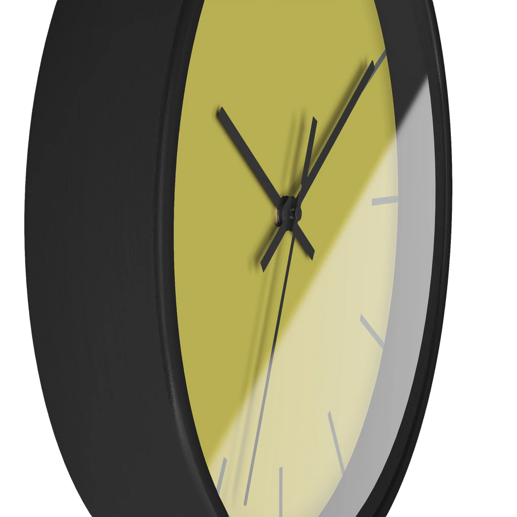 Dull gold yellow silent wall clock, black base, black hands, grey markers, 10 inch, side view.
