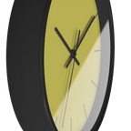 Dull gold yellow silent wall clock, black base, black hands, grey markers, 10 inch, side view.